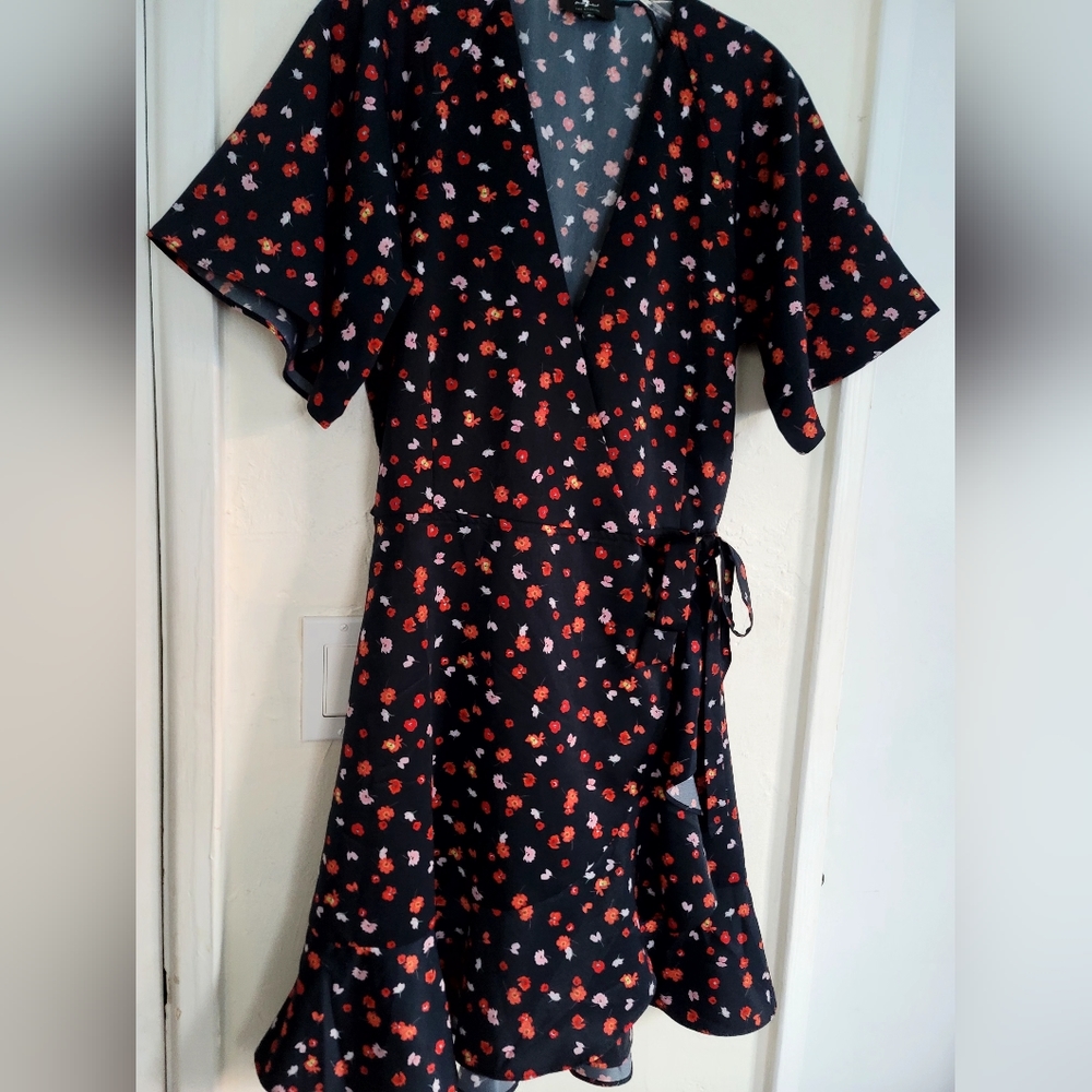 7 For All Mankind Dress Blue Floral Print Ruffle Mini Wrap Size Small